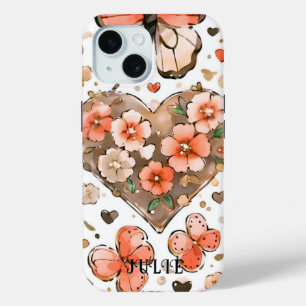 蝶、かわいらしハート、花名前をカスタムする iPhone 15ケース