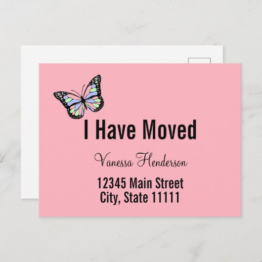 蝶（ちょう）と一緒に動くかわいいピンクのアナウンス ポストカード (正面/裏面)