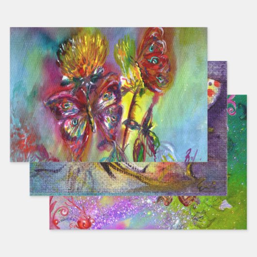 蝶、カラフル春の花、フローラ渦巻き ラッピングペーパーシート (セット)