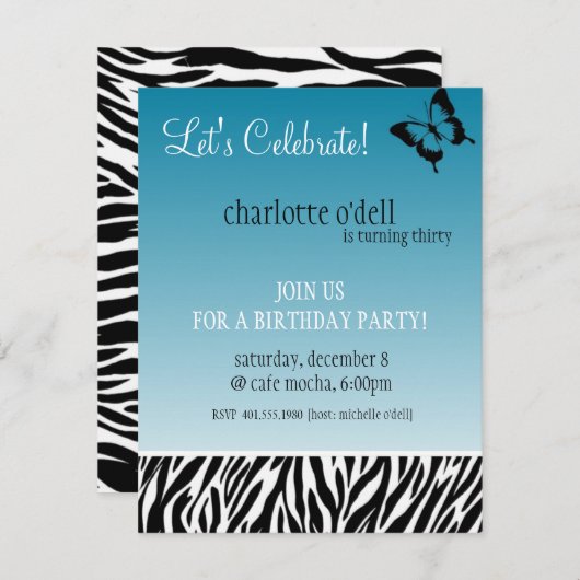 蝶; シマウマのプリントの誕生日 招待状 (正面/裏面)