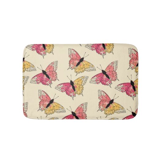 蝶：シ飛んでいるームレスアイボリーパターン バスマット (正面)