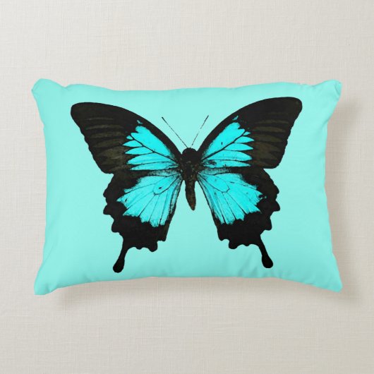 蝶 – ターコイズ青と黒 アクセントクッション (正面)