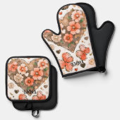 蝶、ハート、花名前をカスタムする 鍋つかみ&鍋敷きセット (正面/裏面)