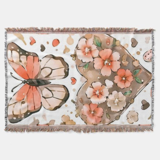 蝶、ハート、花 スローブランケット (正面)