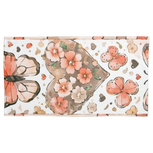 蝶、ハート、花 枕カバー (正面)