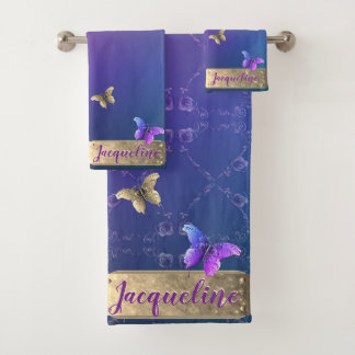 蝶、バラハートグラデーションブルータオル バスタオルセット