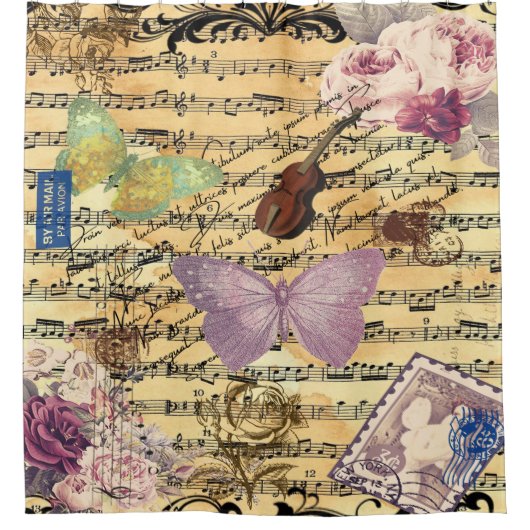 蝶、バラ、ノートEphemera シャワーカーテン (正面)