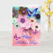 蝶、ピンクのティール(緑がかった色)バラとアネモネの花 カード (黄色い花)