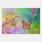 蝶、ピンク色の青い紫の緑のキラキラフローラ ラッピングペーパーシート (正面)