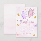 蝶 ピンク パープル ゴールド ガール 誕生日パーティー サンキューカード (正面/裏面)