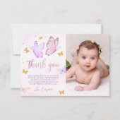 蝶 ピンク パープル ゴールド ガール 1歳 誕生日 写真 サンキューカード (正面)