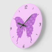 蝶、抽象芸術柄、ラベンダー、紫 ラージ壁時計 (傾斜)