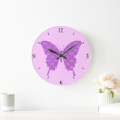 蝶、抽象芸術柄、ラベンダー、紫 ラージ壁時計 (ホーム)