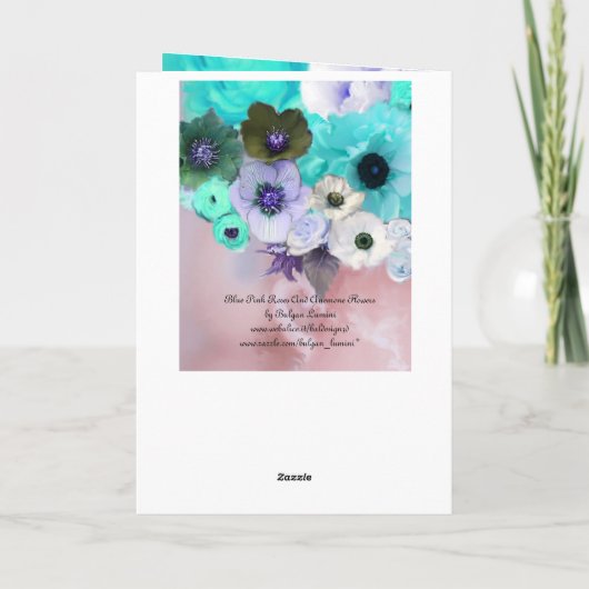 蝶,白いティール(緑がかった色)バラとアネモネの花 カード (裏面)