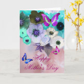 蝶,白いティール(緑がかった色)バラとアネモネの花 カード (黄色い花)