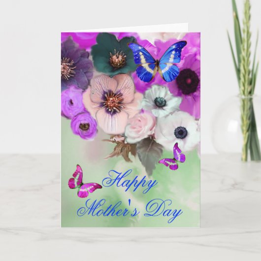 蝶、白い紫のバラとアネモネの花 カード (正面)