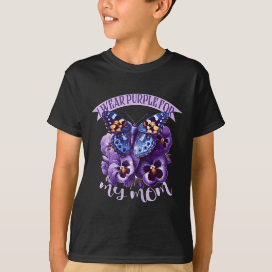 蝶 紫色の花のパンジーTシャツ 認知症リボン Tシャツ (正面)
