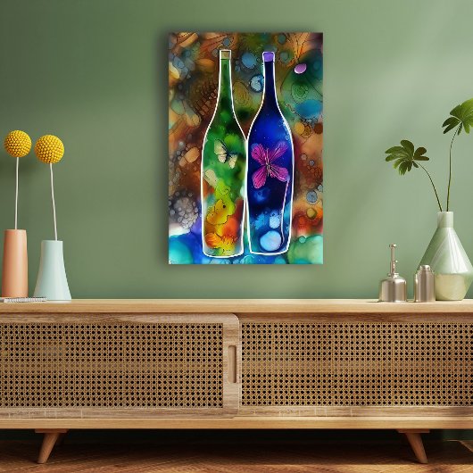 蝶、花とボトル キャンバスプリント