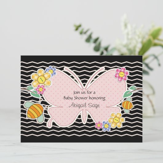 蝶、花とミツバチ赤ちゃんシャワー招待状 招待状 (スタンド正面)