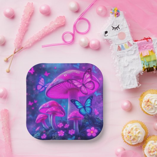 蝶、花、キノコ ペーパープレート (パーティー)