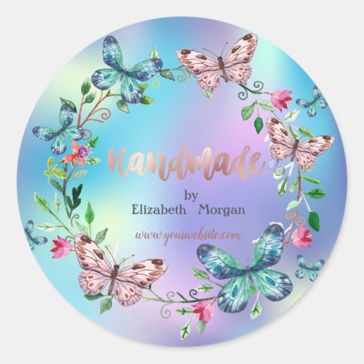 蝶、花、ホログラフィック、手作り ラウンドシール (正面)