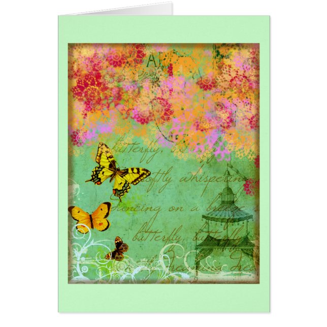 蝶、蝶コラージュの芸術カード (正面)