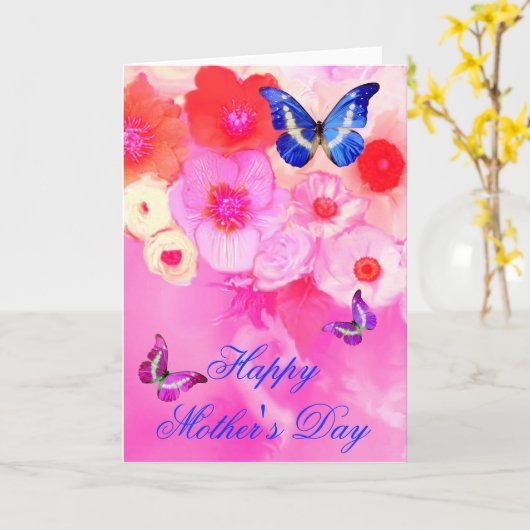 蝶、赤いピンクのバラとアネモネの花 カード (黄色い花)