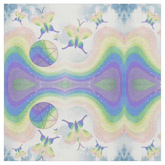 蝶、雲、虹と星形五角形 ファブリック (クローズアップ)