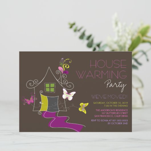 蝶Decoの葉の家の暖まるパーティーの招待 招待状 (スタンド正面)