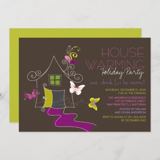 蝶Decoは引っ越し祝いパーティーの休日のパーティを去ります 招待状 (正面/裏面)