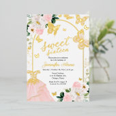 蝶Sweet sixteen赤面フローラドレス金ゴールド 箔招待状 (立ち正面)