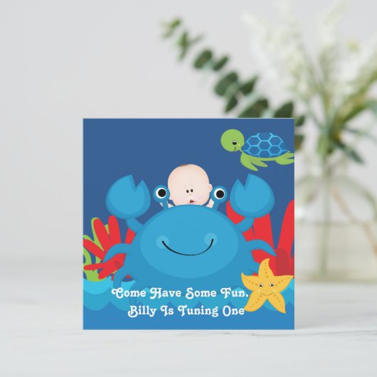 蟹と海の友人1歳の誕生日パーティー招待状 招待状 (スタンド正面)