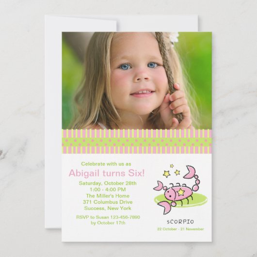 蠍座の写真の誕生日のパーティの招待状 招待状 (正面)