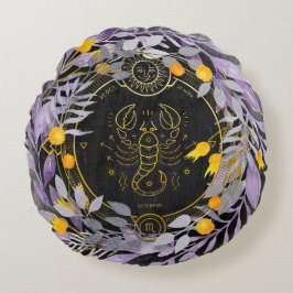 蠍座フローラリースと〔占星術の〕十二宮図記号 ラウンドクッション