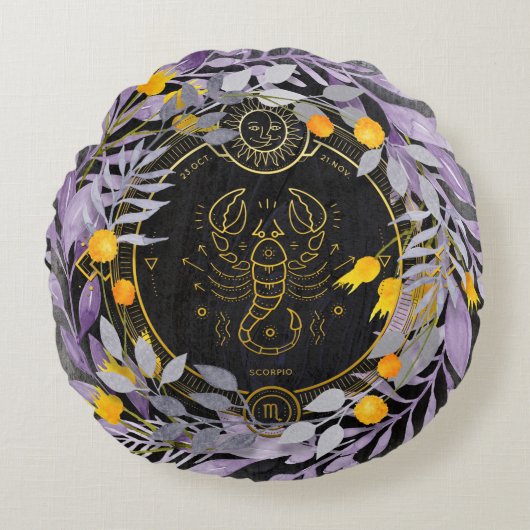 蠍座フローラリースと〔占星術の〕十二宮図記号 ラウンドクッション (正面)