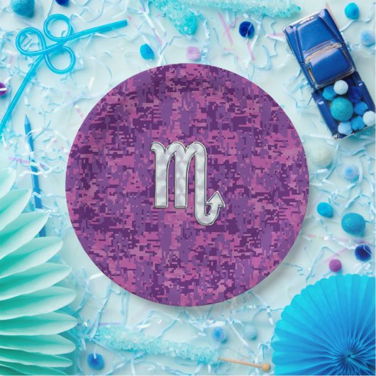 蠍座〔占星術の〕十二宮図サインオン明るい赤紫色デジタル迷彩柄 ペーパープレート (パーティー)