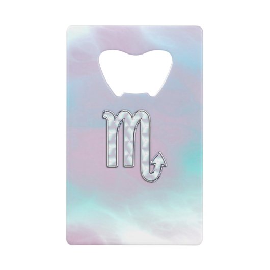 蠍座〔占星術の〕十二宮図シンボルのマザーオブパールスタイル クレジットカード栓抜き (正面)