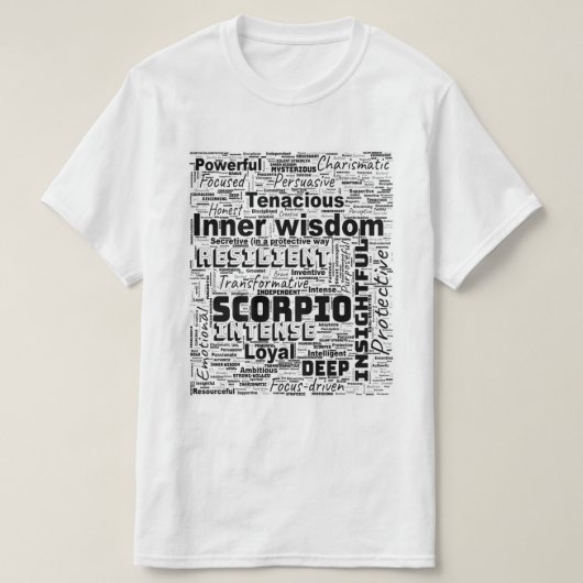 蠍座〔占星術の〕十二宮図ワードクラウドインスピレーション Tシャツ (デザイン正面)