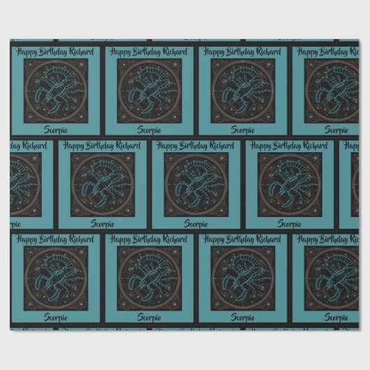 蠍座〔占星術の〕十二宮図誕生日名前の追加ティール(緑がかった色)&ブラック ラッピングペーパー (フラット)