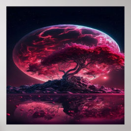 血の月が昇っている。紫色のピンクの月のファンタジー ポスター