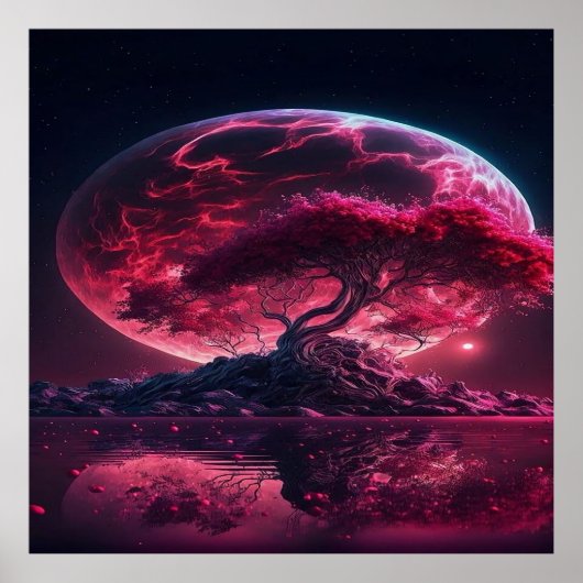 血の月が昇っている。紫色のピンクの月のファンタジー ポスター (正面)