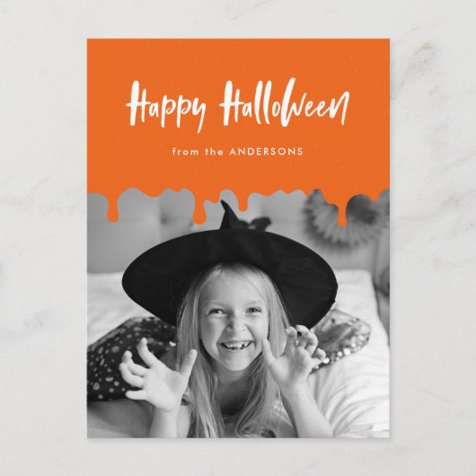 血の滴るオレンジ色のハロウィーンの写真 シーズンポストカード (正面)