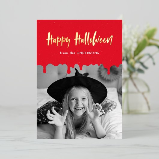血の滴る赤い写真ハロウィーン 箔シーズンカード (立ち正面)