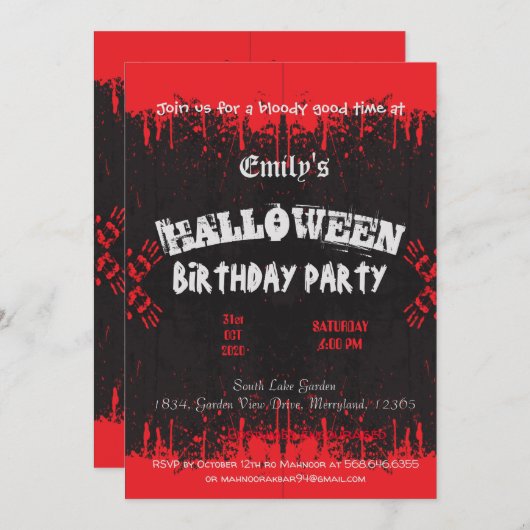 血の赤い濃いヴィンテージハロウィンの誕生日 招待状 (正面/裏面)