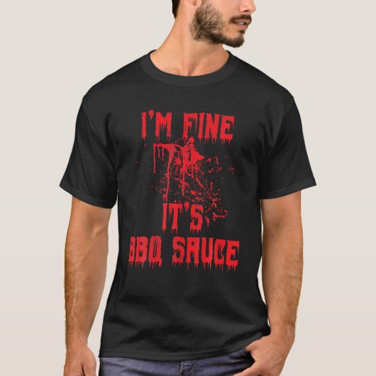 血の(ばちゃばちゃ)跳ねる私はBBQソー素晴らしス面白いハロウィーン Tシャツ (正面)