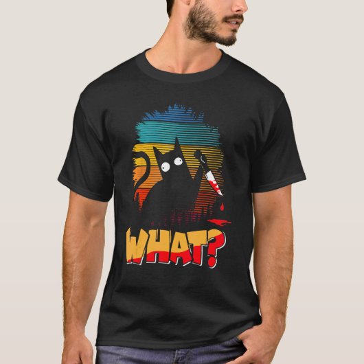 血まみれのナイフを持つ怖い猫 ホラー ハロウィン Tシャツ (正面)