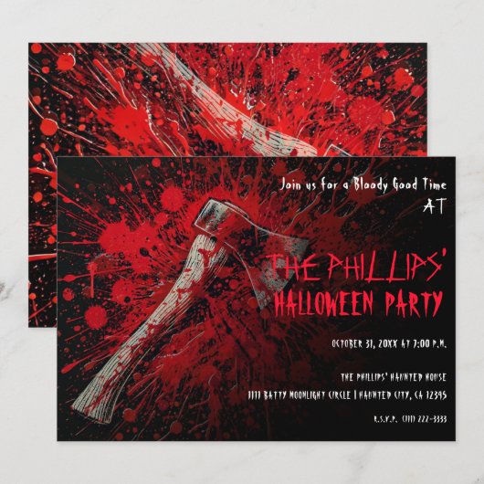 血まみれの斧 怖い ホラー ハロウィン パーティー 招待状 (正面/裏面)