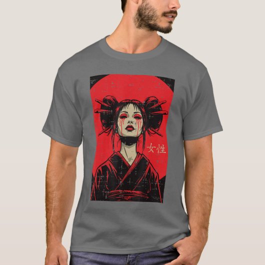 血を流す日本芸者女性アート 女性 少女 Tシャツ (正面)