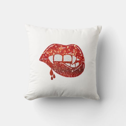 血を滴らせるフェイクグリッターの吸血鬼の唇 クッション (正面)