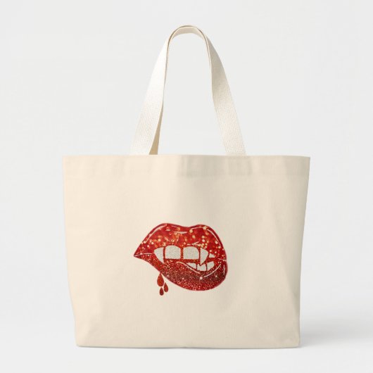 血を滴らせるフェイクグリッターの吸血鬼の唇 ラージトートバッグ (正面)